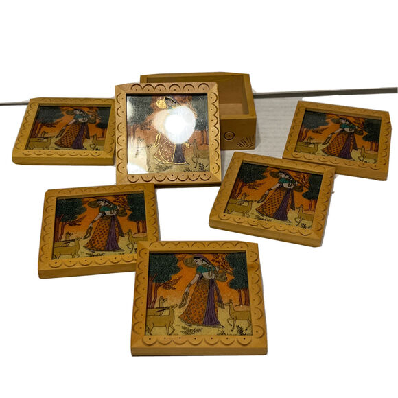 Gemstone Coasters From India Gem Stone & Wood Set Of 6 Hand Carved Set - Picture 5 of 7